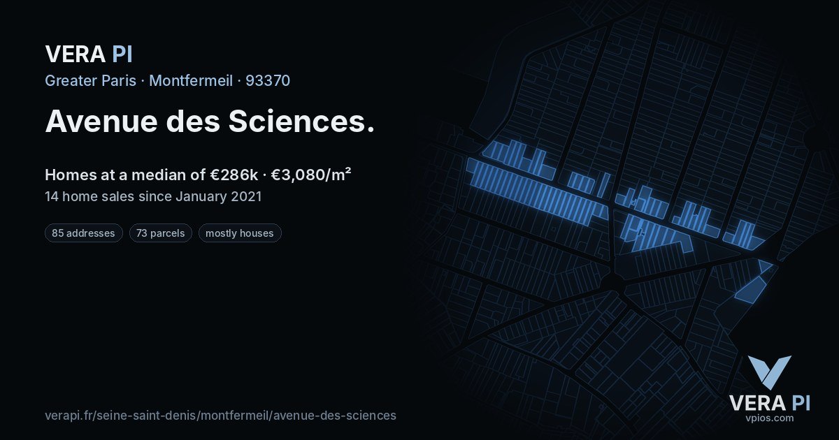 Avenue des Sciences, Montfermeil at night – every parcel coloured by the prices around it, the street's own parcels lit