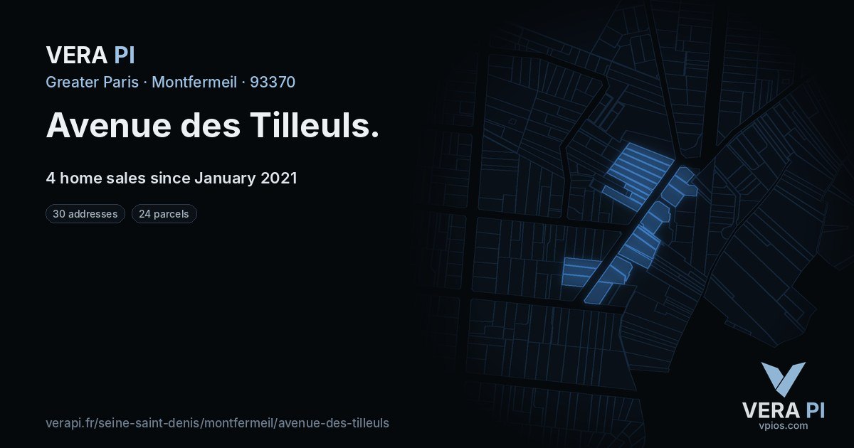 Avenue des Tilleuls, Montfermeil at night – every parcel coloured by the prices around it, the street's own parcels lit