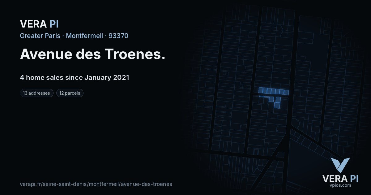 Avenue des Troenes, Montfermeil at night – every parcel coloured by the prices around it, the street's own parcels lit