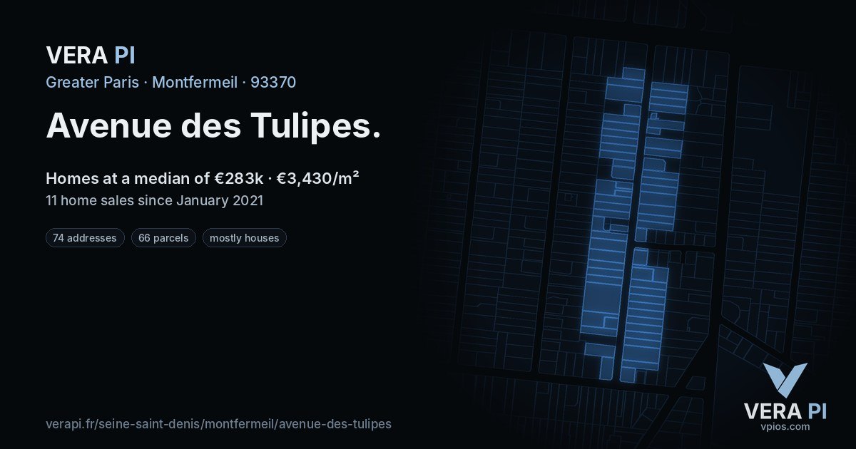 Avenue des Tulipes, Montfermeil at night – every parcel coloured by the prices around it, the street's own parcels lit