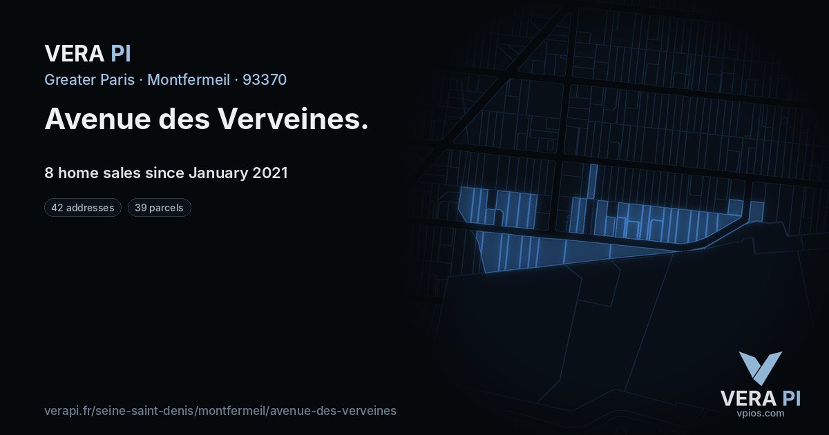 Avenue des Verveines, Montfermeil at night – every parcel coloured by the prices around it, the street's own parcels lit