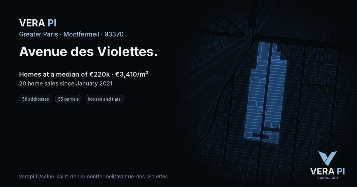 Avenue des Violettes, Montfermeil at night – every parcel coloured by the prices around it, the street's own parcels lit