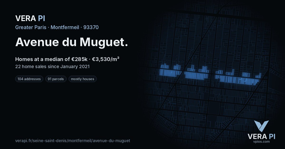 Avenue du Muguet, Montfermeil at night – every parcel coloured by the prices around it, the street's own parcels lit