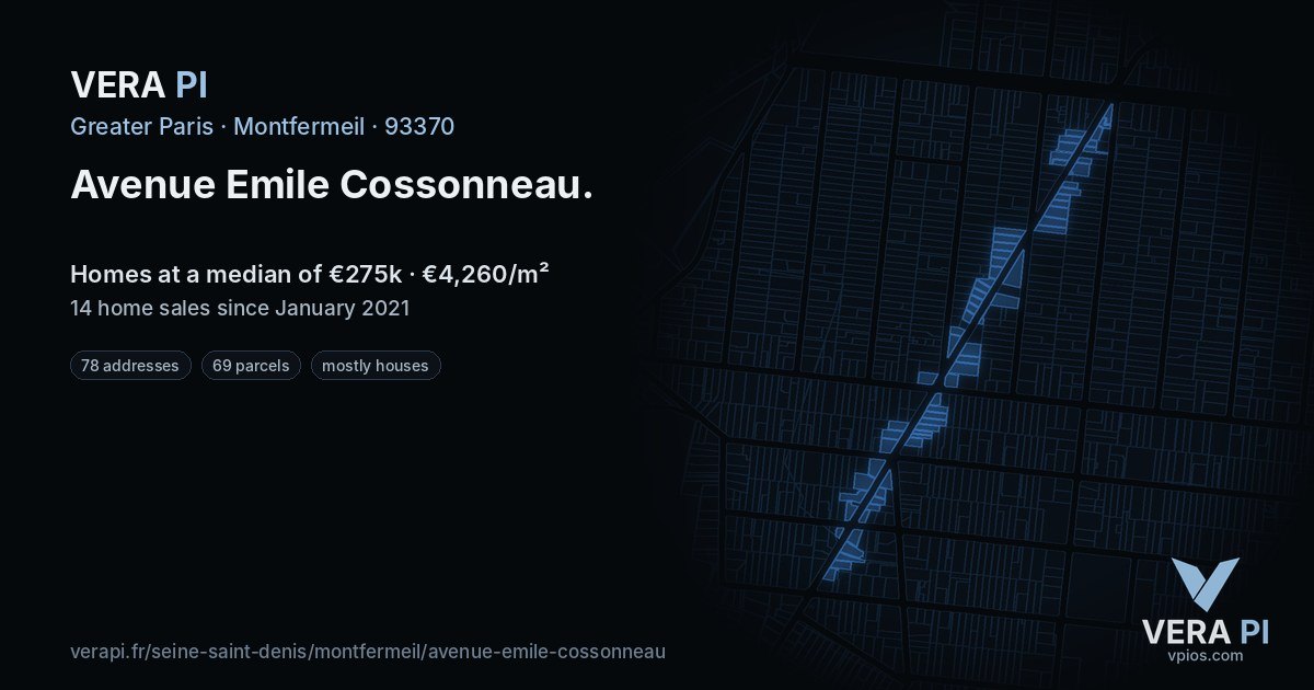 Avenue Emile Cossonneau, Montfermeil at night – every parcel coloured by the prices around it, the street's own parcels lit
