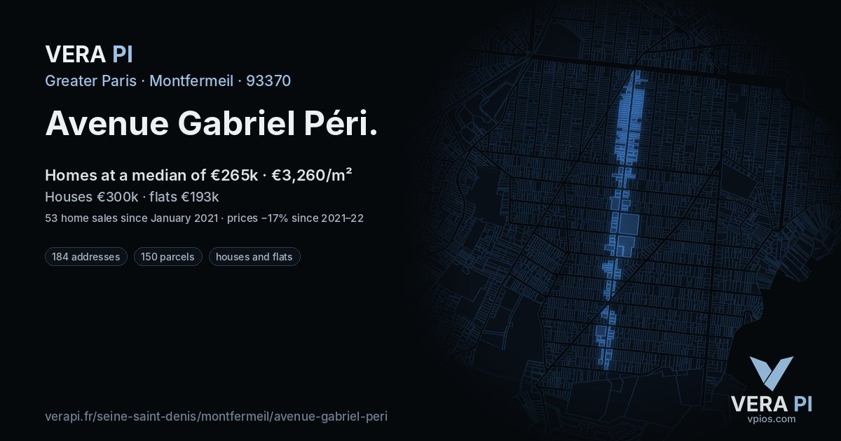 Avenue Gabriel Péri, Montfermeil at night – every parcel coloured by the prices around it, the street's own parcels lit