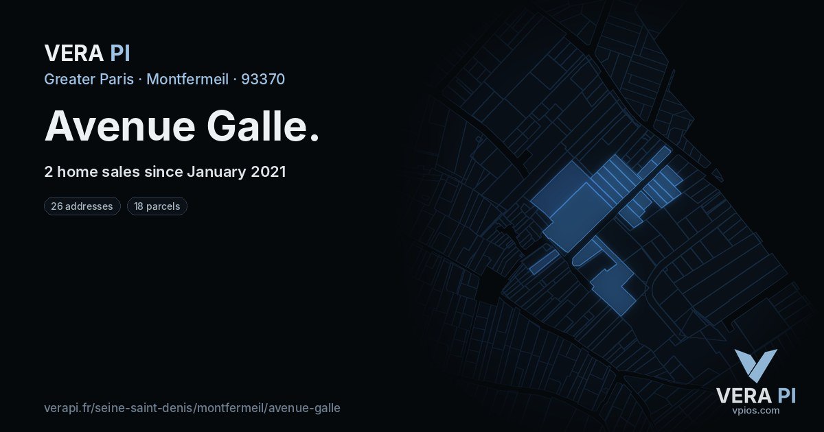Avenue Galle, Montfermeil at night – every parcel coloured by the prices around it, the street's own parcels lit