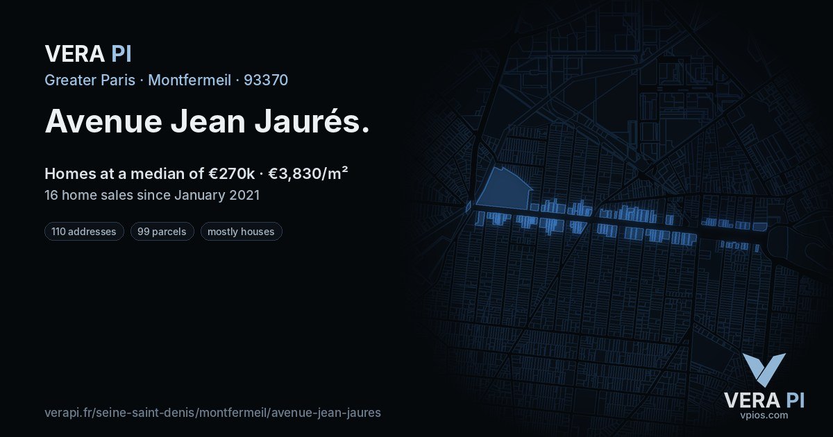 Avenue Jean Jaurés, Montfermeil at night – every parcel coloured by the prices around it, the street's own parcels lit