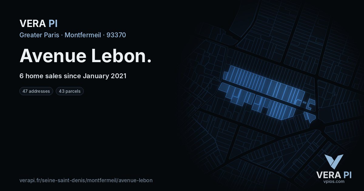 Avenue Lebon, Montfermeil at night – every parcel coloured by the prices around it, the street's own parcels lit