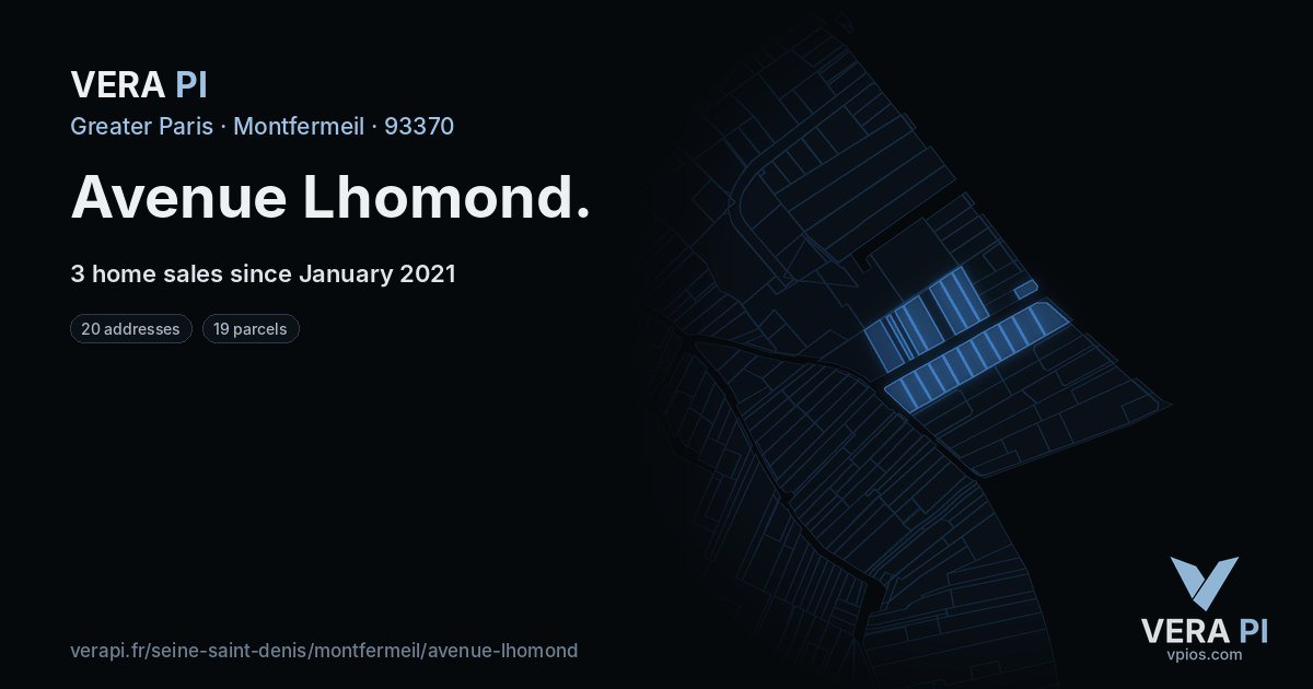 Avenue Lhomond, Montfermeil at night – every parcel coloured by the prices around it, the street's own parcels lit