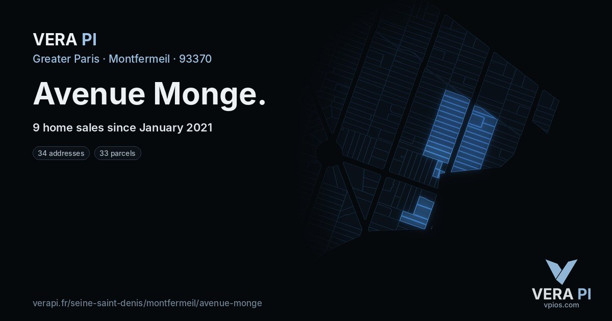 Avenue Monge, Montfermeil at night – every parcel coloured by the prices around it, the street's own parcels lit