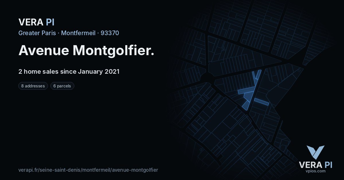 Avenue Montgolfier, Montfermeil at night – every parcel coloured by the prices around it, the street's own parcels lit