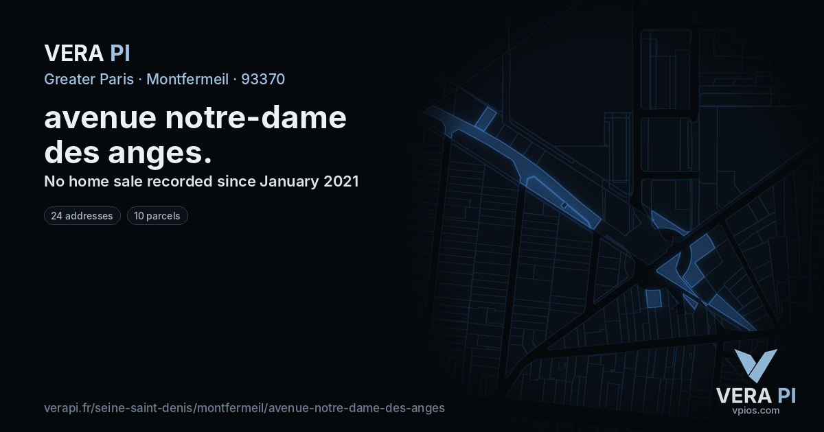 avenue notre-dame des anges, Montfermeil at night – every parcel coloured by the prices around it, the street's own parcels lit