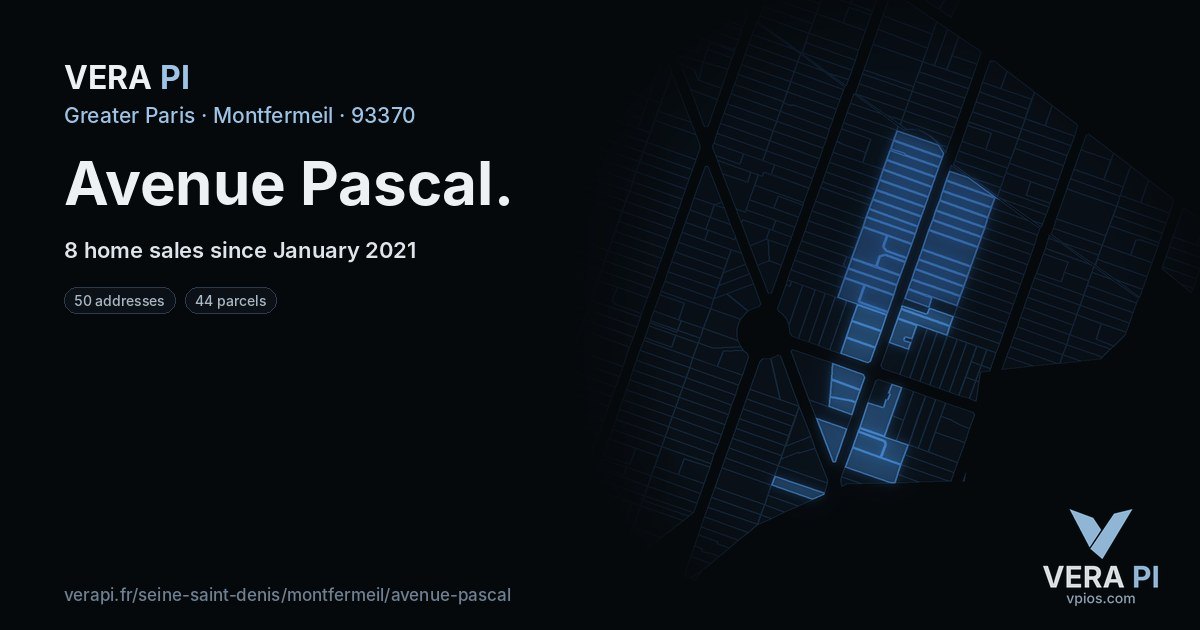 Avenue Pascal, Montfermeil at night – every parcel coloured by the prices around it, the street's own parcels lit