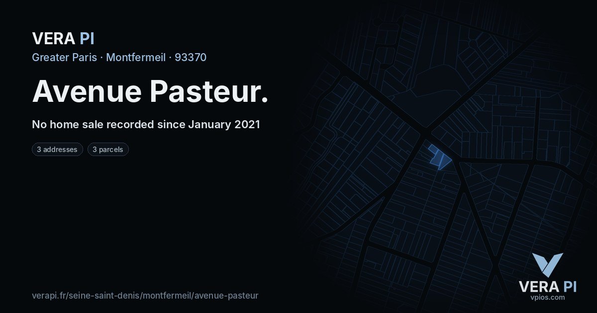 Avenue Pasteur, Montfermeil at night – every parcel coloured by the prices around it, the street's own parcels lit