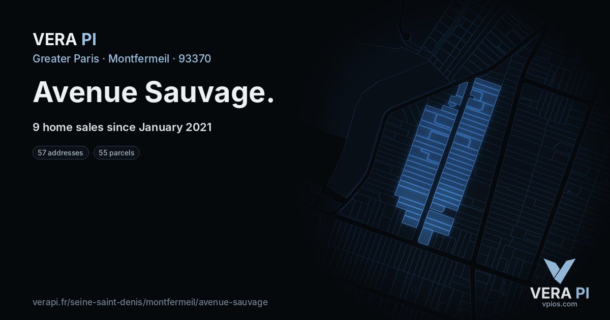 Avenue Sauvage, Montfermeil at night – every parcel coloured by the prices around it, the street's own parcels lit