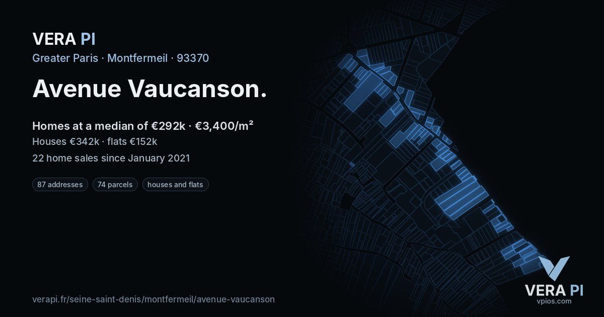 Avenue Vaucanson, Montfermeil at night – every parcel coloured by the prices around it, the street's own parcels lit