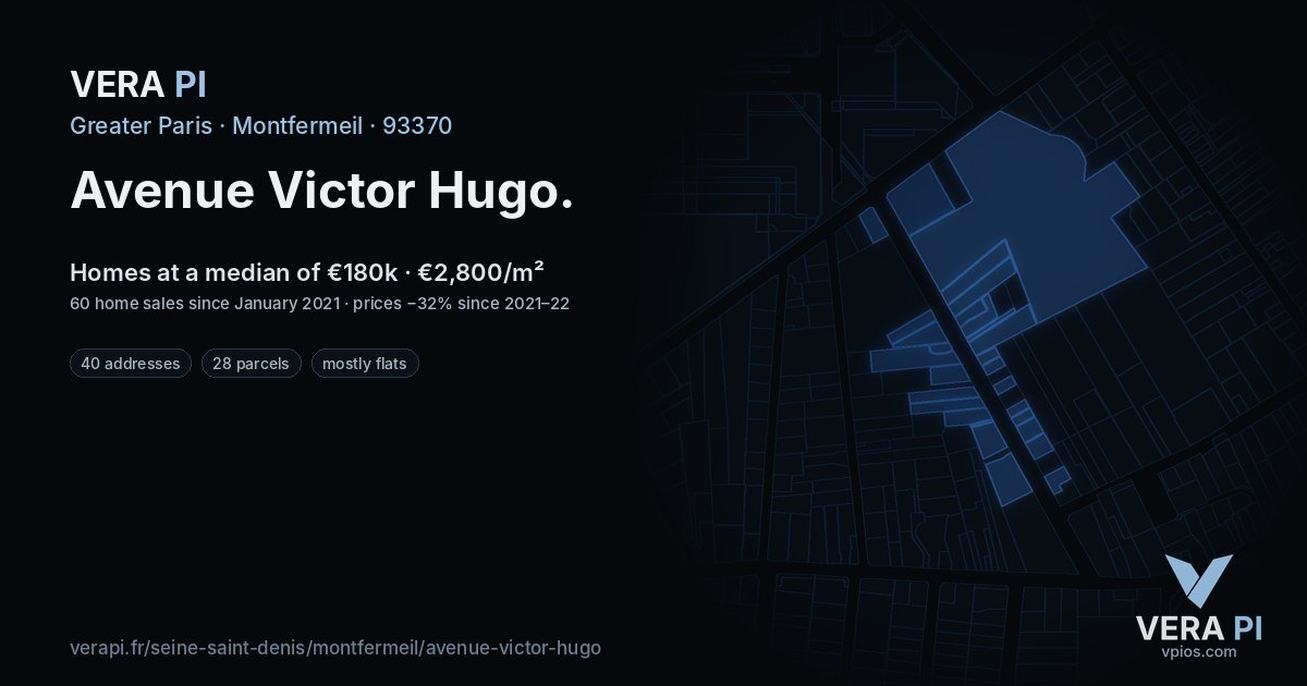 Avenue Victor Hugo, Montfermeil at night – every parcel coloured by the prices around it, the street's own parcels lit