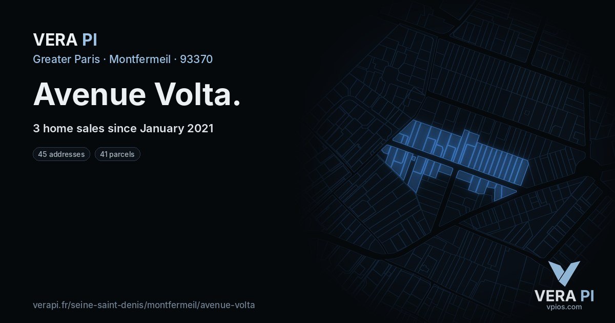 Avenue Volta, Montfermeil at night – every parcel coloured by the prices around it, the street's own parcels lit