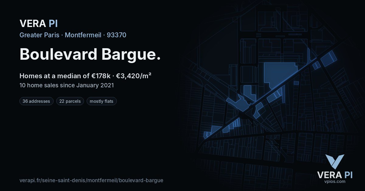 Boulevard Bargue, Montfermeil at night – every parcel coloured by the prices around it, the street's own parcels lit