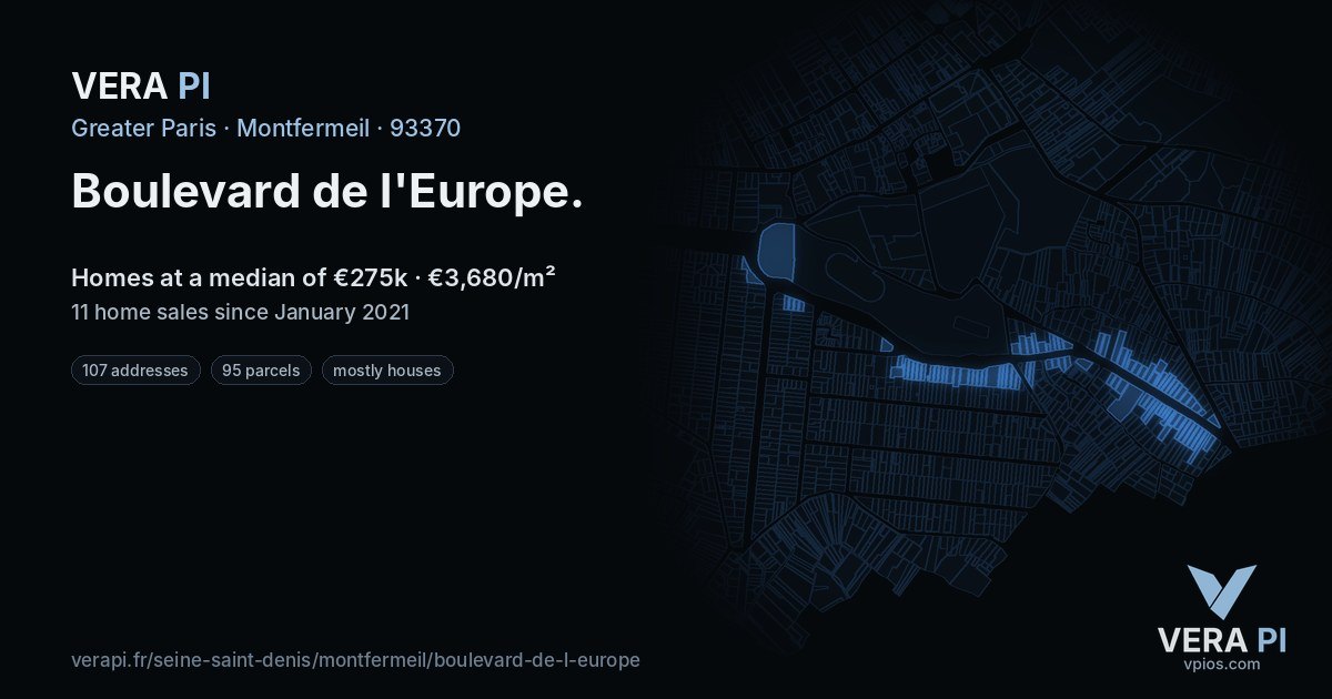 Boulevard de l'Europe, Montfermeil at night – every parcel coloured by the prices around it, the street's own parcels lit