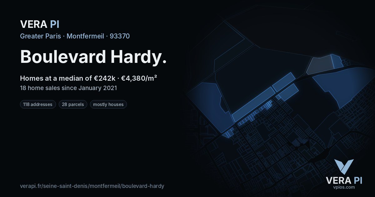 Boulevard Hardy, Montfermeil at night – every parcel coloured by the prices around it, the street's own parcels lit