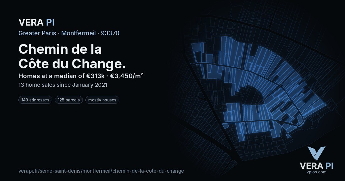 Chemin de la Côte du Change, Montfermeil at night – every parcel coloured by the prices around it, the street's own parcels lit