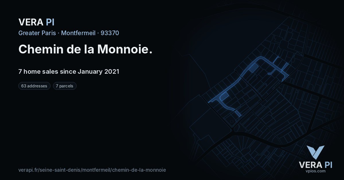 Chemin de la Monnoie, Montfermeil at night – every parcel coloured by the prices around it, the street's own parcels lit