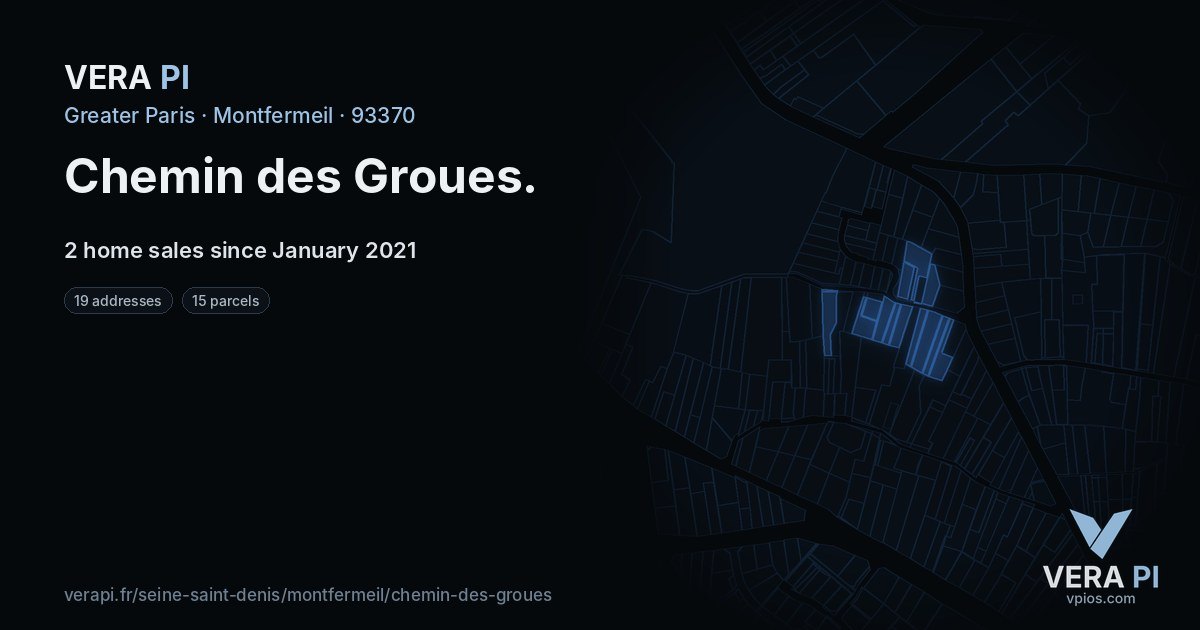 Chemin des Groues, Montfermeil at night – every parcel coloured by the prices around it, the street's own parcels lit