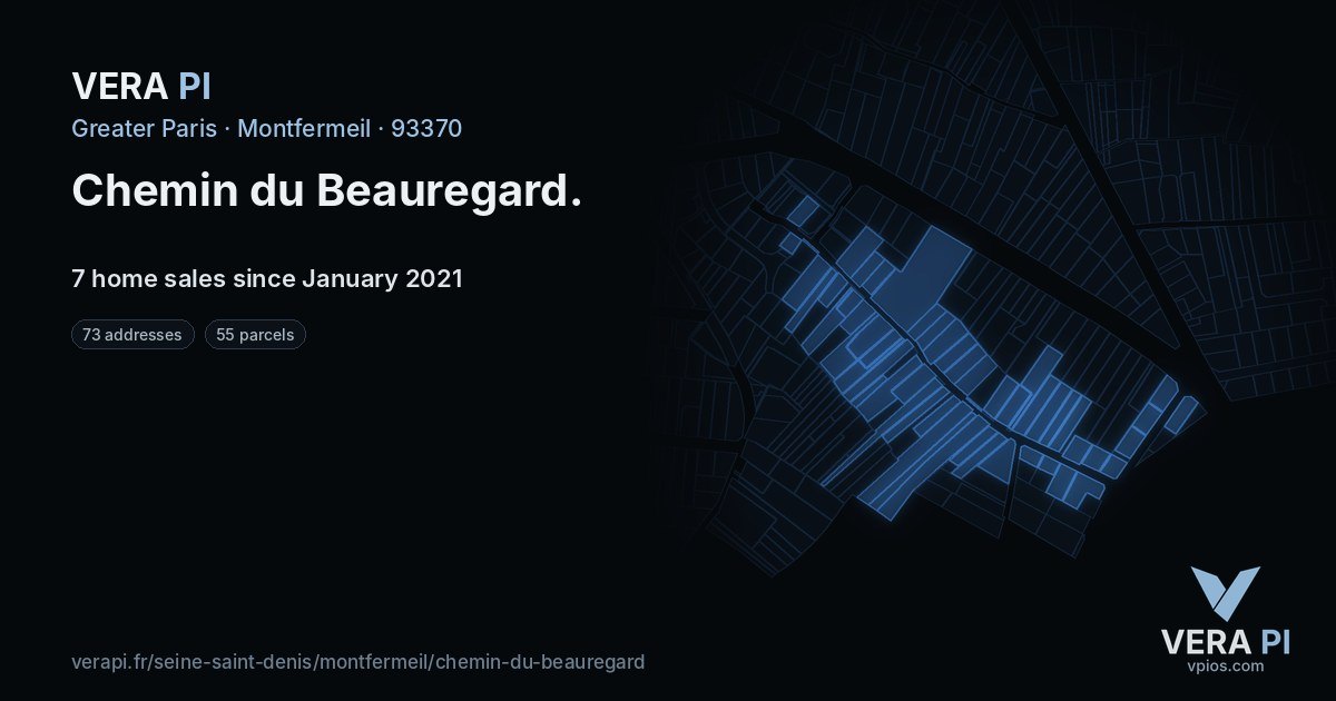 Chemin du Beauregard, Montfermeil at night – every parcel coloured by the prices around it, the street's own parcels lit
