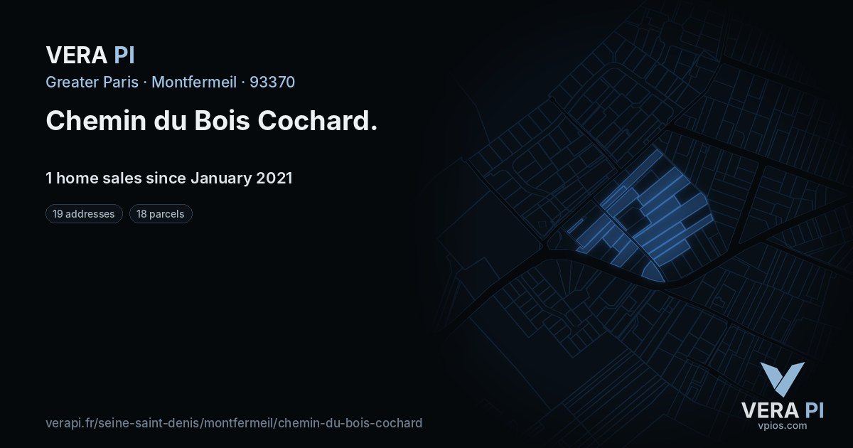 Chemin du Bois Cochard, Montfermeil at night – every parcel coloured by the prices around it, the street's own parcels lit