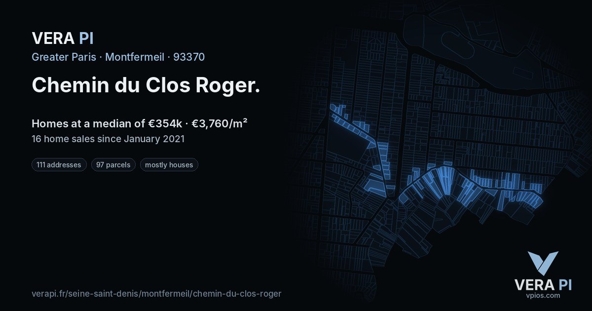 Chemin du Clos Roger, Montfermeil at night – every parcel coloured by the prices around it, the street's own parcels lit