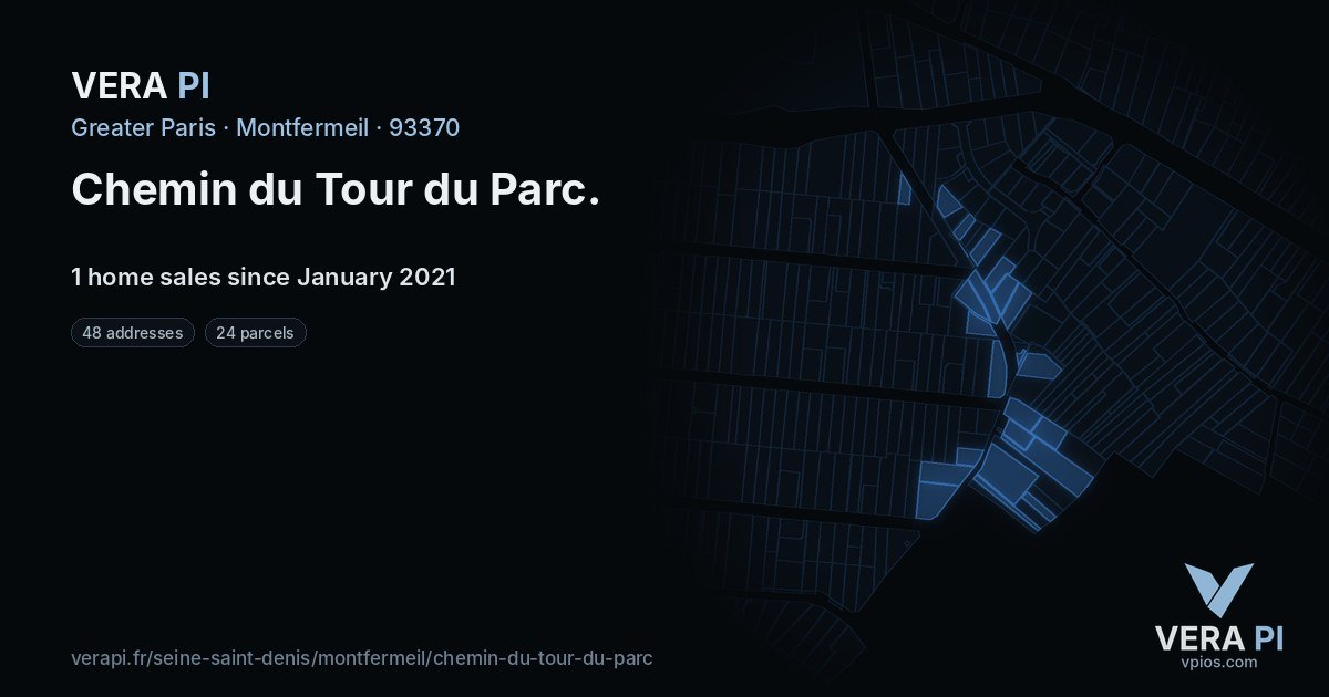 Chemin du Tour du Parc, Montfermeil at night – every parcel coloured by the prices around it, the street's own parcels lit