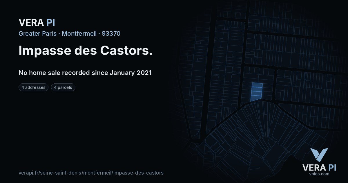 Impasse des Castors, Montfermeil at night – every parcel coloured by the prices around it, the street's own parcels lit