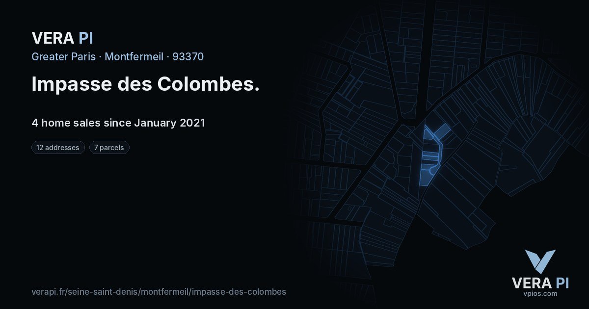Impasse des Colombes, Montfermeil at night – every parcel coloured by the prices around it, the street's own parcels lit