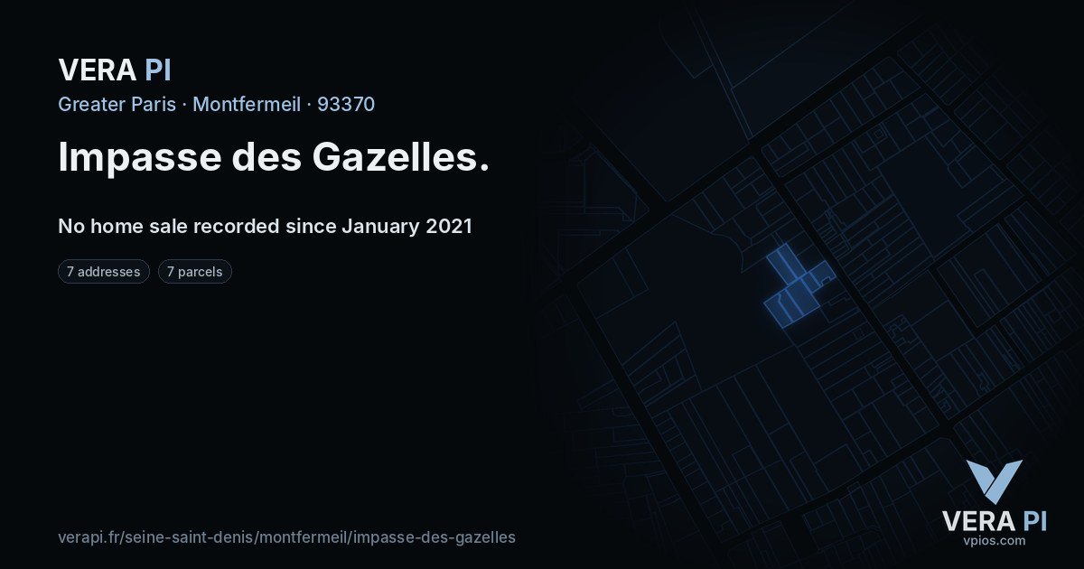 Impasse des Gazelles, Montfermeil at night – every parcel coloured by the prices around it, the street's own parcels lit