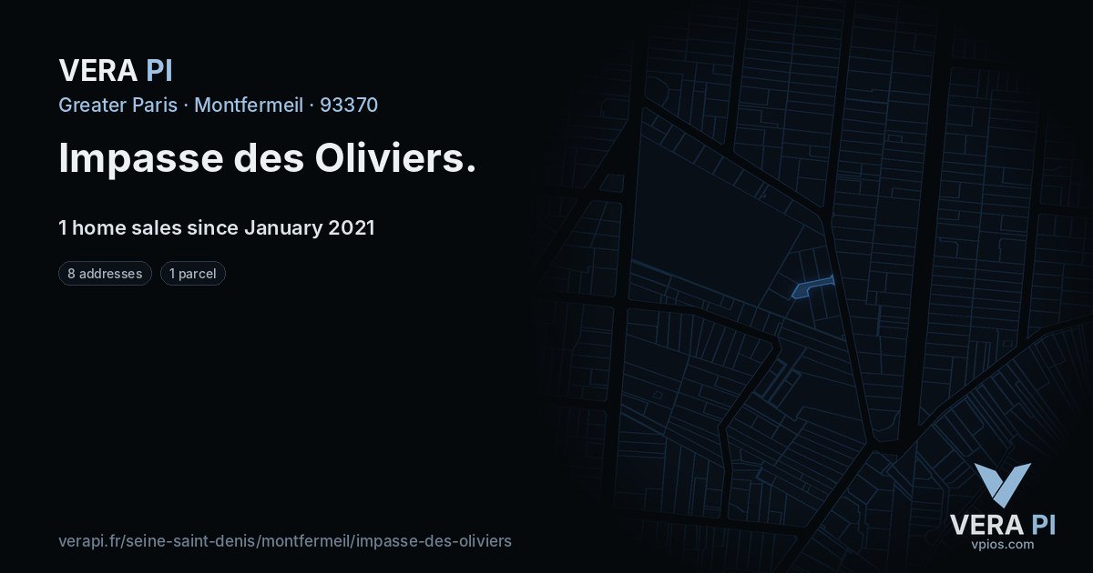 Impasse des Oliviers, Montfermeil at night – every parcel coloured by the prices around it, the street's own parcels lit