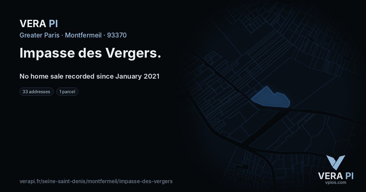 Impasse des Vergers, Montfermeil at night – every parcel coloured by the prices around it, the street's own parcels lit