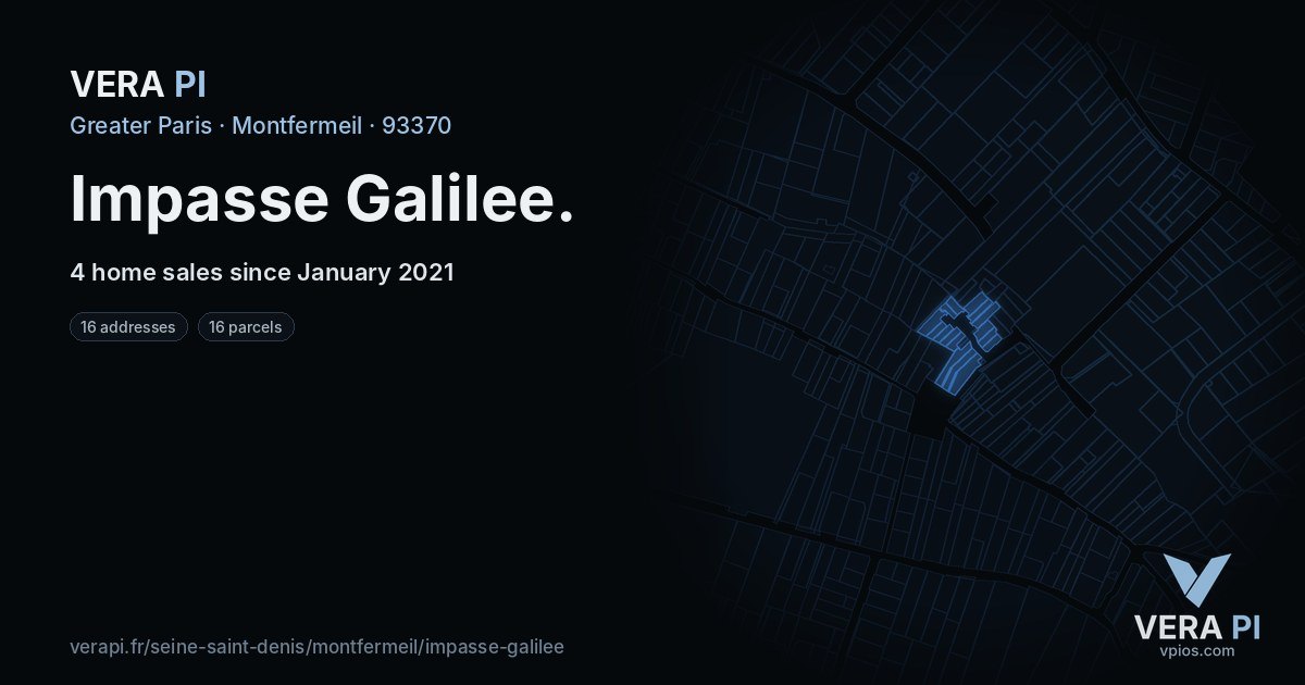 Impasse Galilee, Montfermeil at night – every parcel coloured by the prices around it, the street's own parcels lit