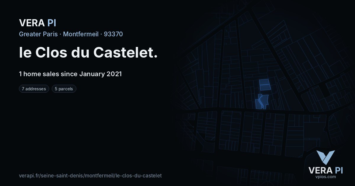 le Clos du Castelet, Montfermeil at night – every parcel coloured by the prices around it, the street's own parcels lit