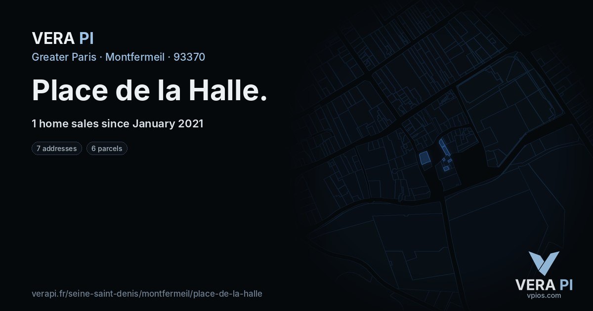 Place de la Halle, Montfermeil at night – every parcel coloured by the prices around it, the street's own parcels lit