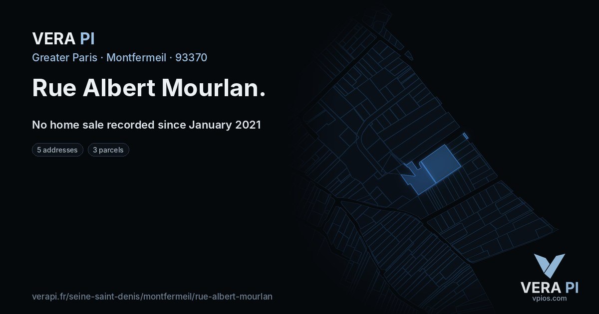 Rue Albert Mourlan, Montfermeil at night – every parcel coloured by the prices around it, the street's own parcels lit