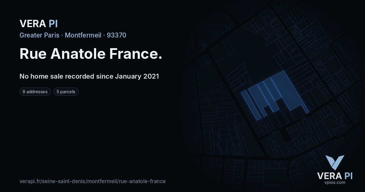 Rue Anatole France, Montfermeil at night – every parcel coloured by the prices around it, the street's own parcels lit