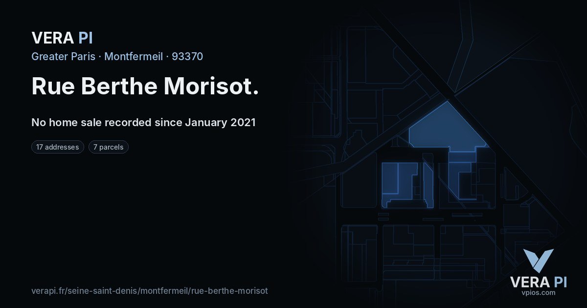 Rue Berthe Morisot, Montfermeil at night – every parcel coloured by the prices around it, the street's own parcels lit