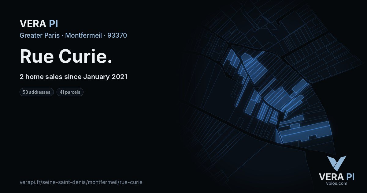 Rue Curie, Montfermeil at night – every parcel coloured by the prices around it, the street's own parcels lit