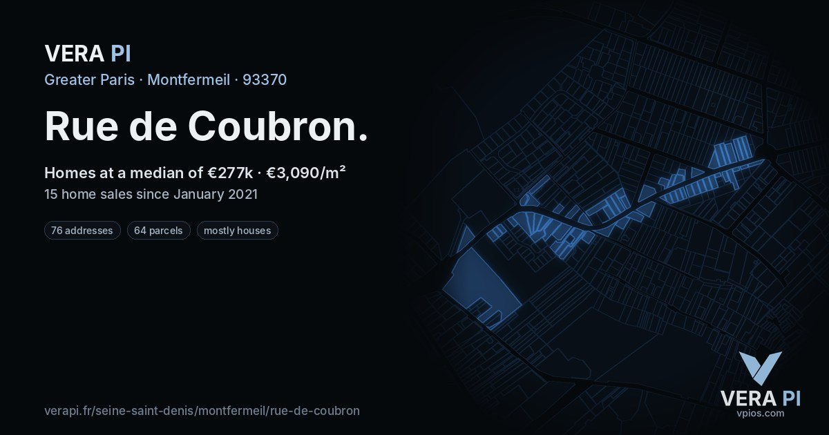 Rue de Coubron, Montfermeil at night – every parcel coloured by the prices around it, the street's own parcels lit