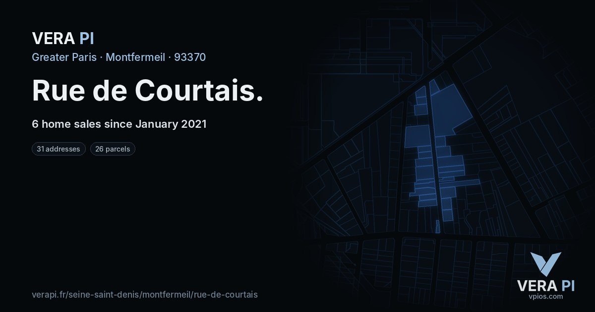 Rue de Courtais, Montfermeil at night – every parcel coloured by the prices around it, the street's own parcels lit