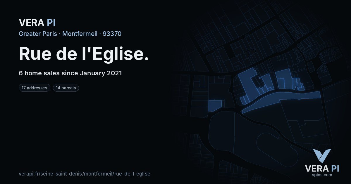 Rue de l'Eglise, Montfermeil at night – every parcel coloured by the prices around it, the street's own parcels lit