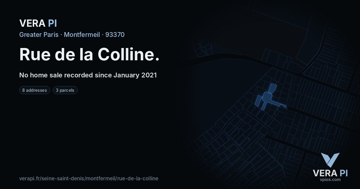 Rue de la Colline, Montfermeil at night – every parcel coloured by the prices around it, the street's own parcels lit