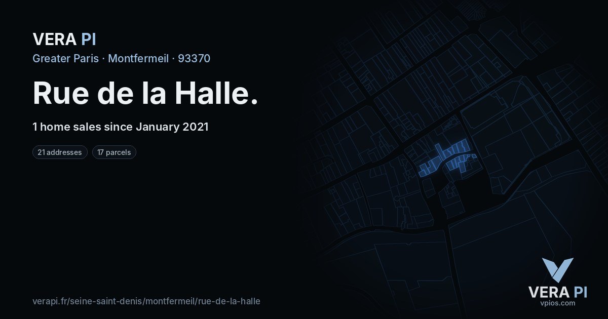 Rue de la Halle, Montfermeil at night – every parcel coloured by the prices around it, the street's own parcels lit
