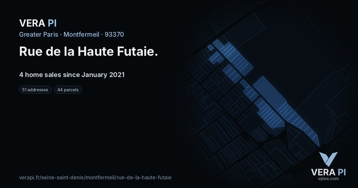 Rue de la Haute Futaie, Montfermeil at night – every parcel coloured by the prices around it, the street's own parcels lit